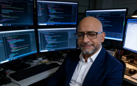 Código en pantalla, gafas y traje