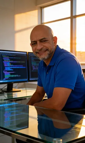 Escritorio de vidrio, dos monitores y luz de atardecer