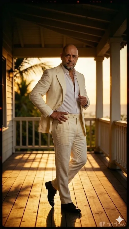 Traje claro en un porche al atardecer