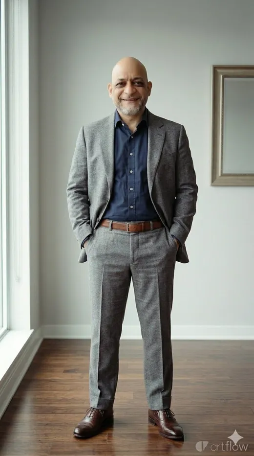 Traje gris, de pie